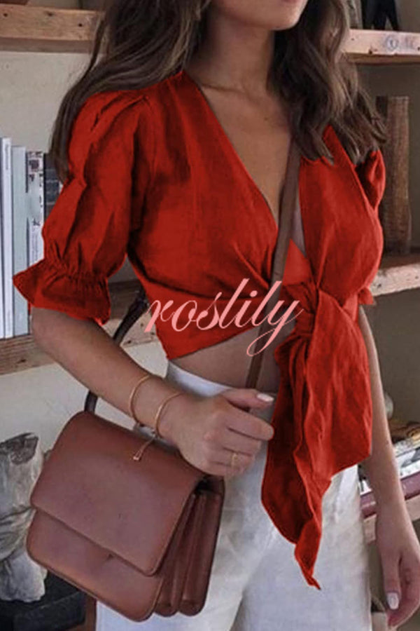 Solid Color Short-sleeved Tie Cropped Shirt