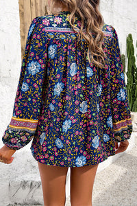 Intricate Floral Print V Neck Lace Up Paneled Long Sleeve Shirt