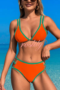 Contrast Color Lace-up Stretch Two-piece Bikini Swimsuit