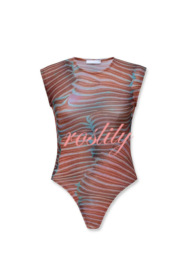 Bella Stretch Mesh Unique Print Bodysuit and High Rise Elastic Waist Maxi Skirt Set