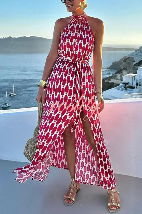 Unique Printed Sleeveless Halterneck Tie-waist Slit Maxi Dress