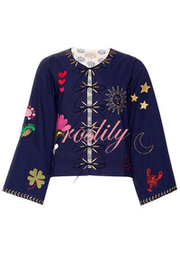 Fashionable Embroidered Lace-up Long-sleeved Loose Top