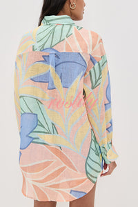 Bella Linen Blend Colorful Unique Print Long Sleeve Blouse and Elastic Waist Pocket Loose Shorts Set