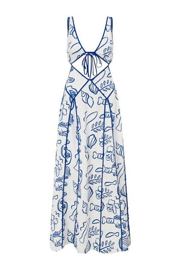 Love The Coastline Linen Blend Unique Print Cutout Tie-up Backless Maxi Dress