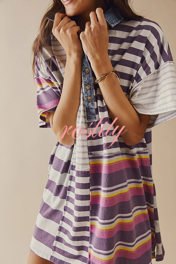 Contrast Striped Patchwork Denim Lapel Loose Casual Mini Dress