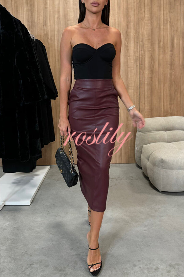 Lindsey Faux Leather High Rise Pocketed Slit Stretch Midi Skirt