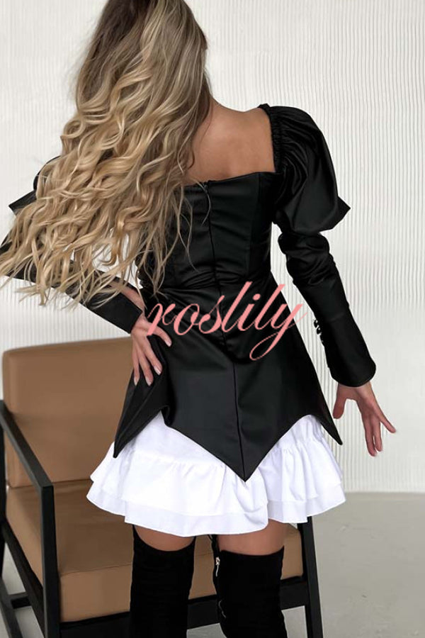 Fashionable Contrast Color Square Neck Long Sleeve Ruffle Hem Mini Dress