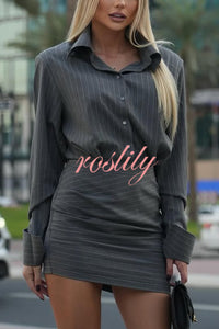 Striped Print Long Sleeve Button-Down Shirt and Hip-Wrap Mini Skirt Set