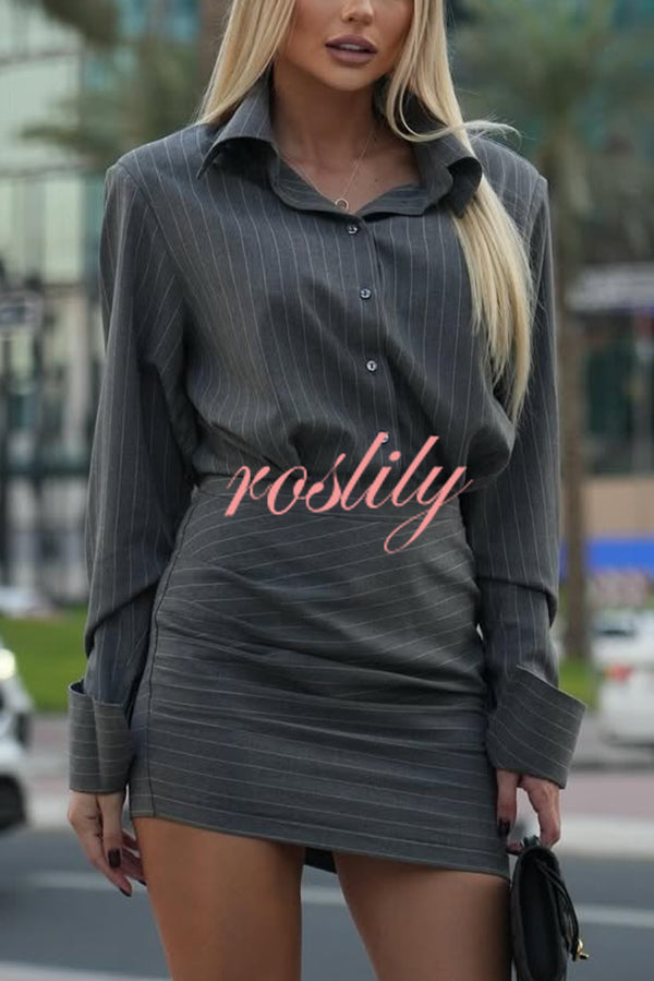 Striped Print Long Sleeve Button-Down Shirt and Hip-Wrap Mini Skirt Set