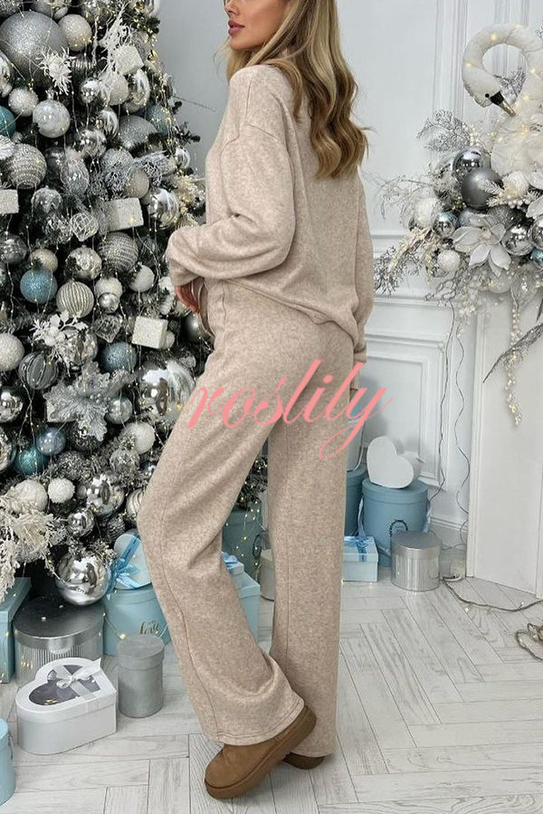 Solid Color Casual Knitted High Neck Long Sleeve Top and Elastic Waist Loose Pants Set