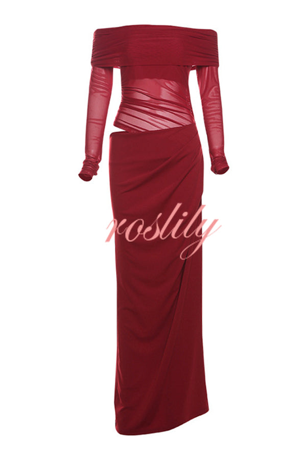 Exquisite Sexy Mesh Patchwork Off Shoulder Cutout Ruched Maxi Dress