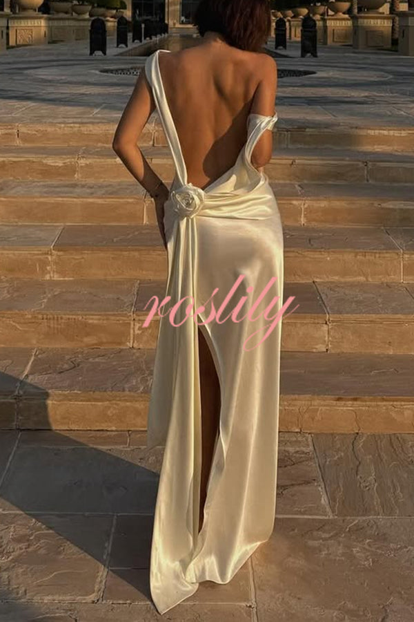 Darling Satin Cowl Neck 3D Rose Detail Backless Slit Drape Maxi Dress