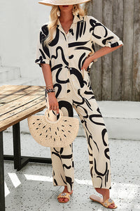 Irregular Printed Button Pocket Long Sleeved Shirt and Elastic Waist Pants Set