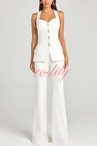 Women Power Metal Cross Snap Button Sweetheart Neck Wide Strap Vest