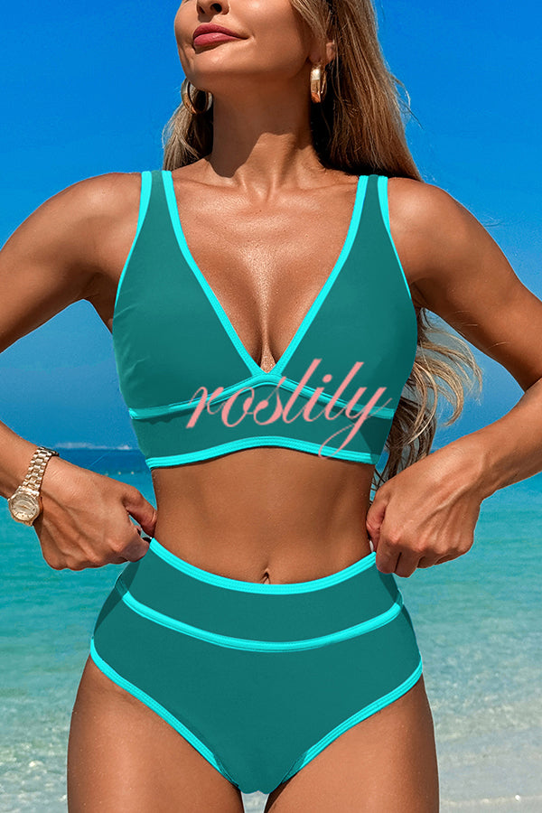 Solid Color Contrast High Waist Stretch Bikini Swimsuit