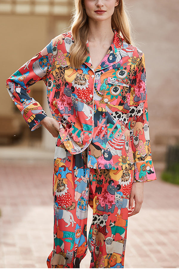 Banquet Cat Print Home Long Sleeved Two-piece Set