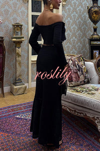 Fashion Knitted Off-the-shoulder Long-sleeved Top and Elastic Slit Maxi Skirt Set