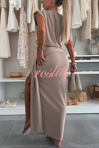 Comfortable Stylish Round Neck Sleeveless Casual Top and Elastic Waist Ruched Tie Slit Midi Skirt Set