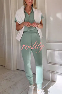 Comfortable and Relaxed Zip-up Short Sleeve Sweatshirt and Elastic Waist Pocket Stretch Pants Set