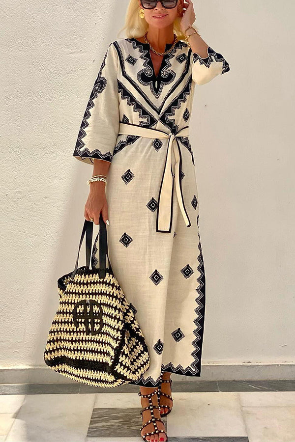 Quiet Atmosphere Linen Blend Ethnic Print Belted Midi Dress