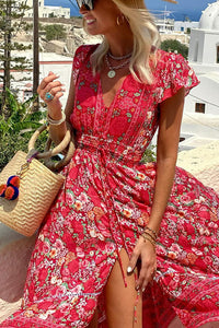 Summer in Greece Boho Print Ruffle Sleeve Elastic Waist High-low Midi Dress