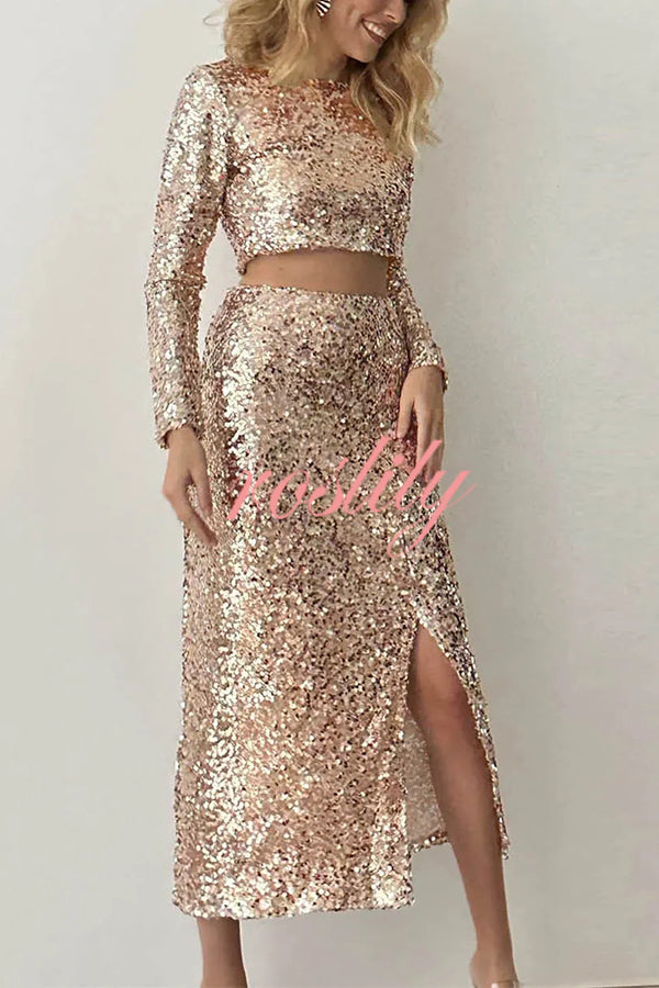 Solid Sequined Long-sleeved Crop Top and Sexy Slit Midi Skirt Set