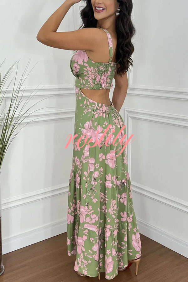 Vintage Charm Floral Print Cutout Back Smocked Maxi Dress