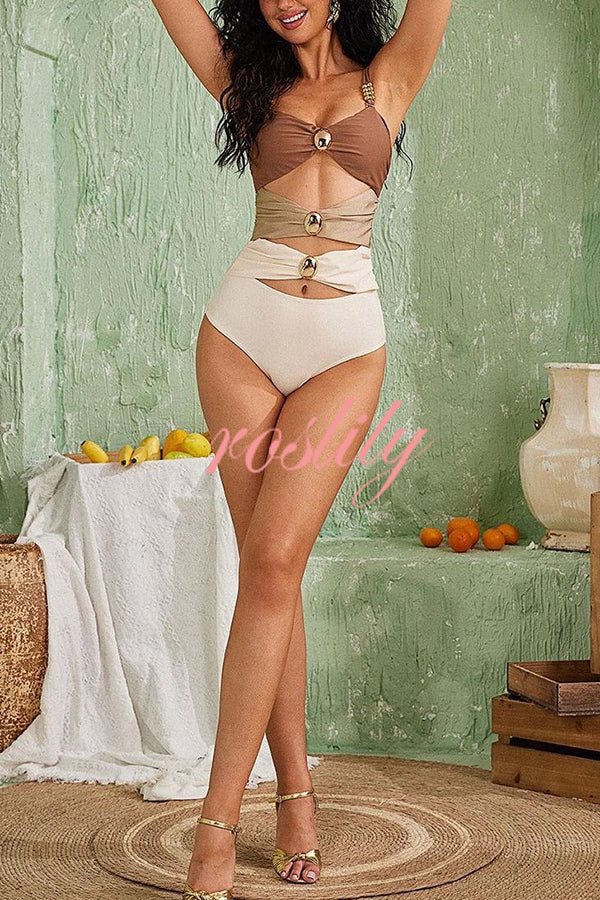 Color Block Patchwork Hollow Metal Decorative Stretch One-piece Swimsuit