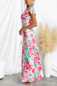 Say I Do Satin Floral Print Cap Sleeves Maxi Dress