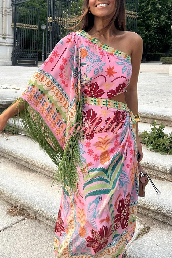 Fruits Queen Unique Print One Shoulder Fringe Detail Scarf Midi Dress