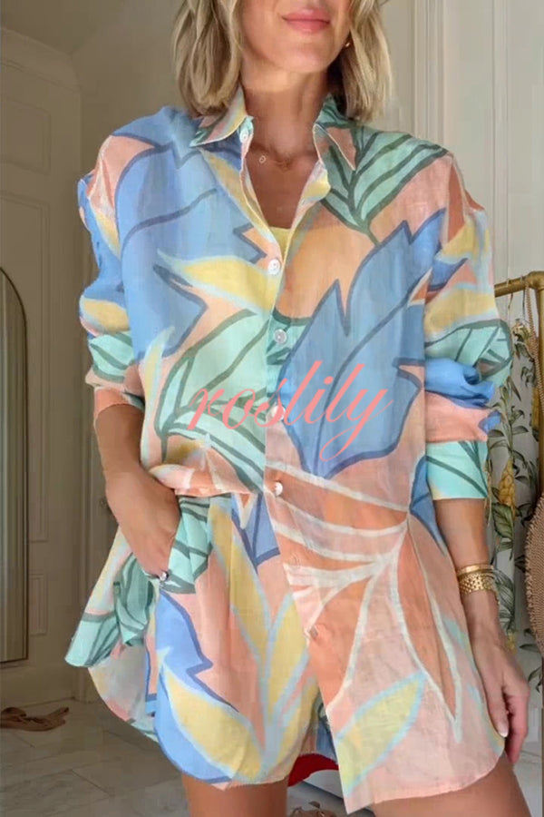 Bella Linen Blend Colorful Unique Print Long Sleeve Blouse and Elastic Waist Pocket Loose Shorts Set