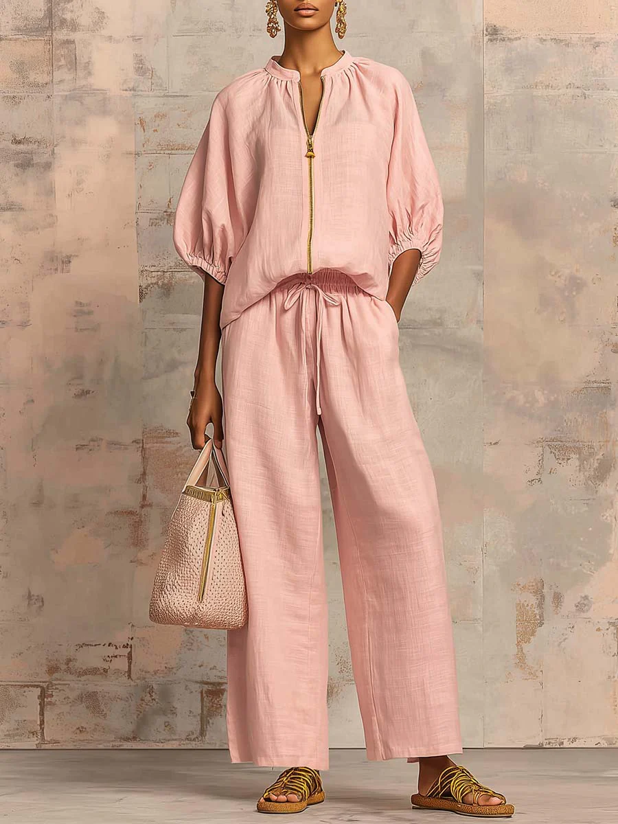Cotton Linen Effortless Zip-Front Wide Leg Two-Piece Set