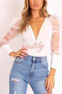 Solid Color Zip Front Sheer Puff Sleeves Bodysuit