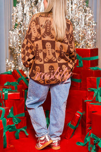 Christmas Gingerbread Man Round Neck Long Sleeve Loose Knit Sweater