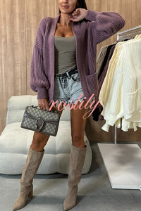 Solid Color V-neck Long-sleeved Casual Knitted Cardigan