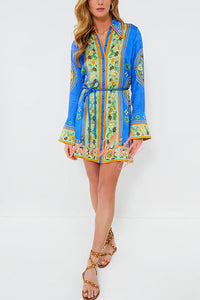 Katia Satin Unique Print Shaped Collar Tie-up Waist Shirt Mini Dress