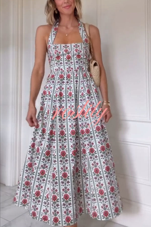 Summer Event Linen Blend Floral Pocketed Halter Maxi Dress