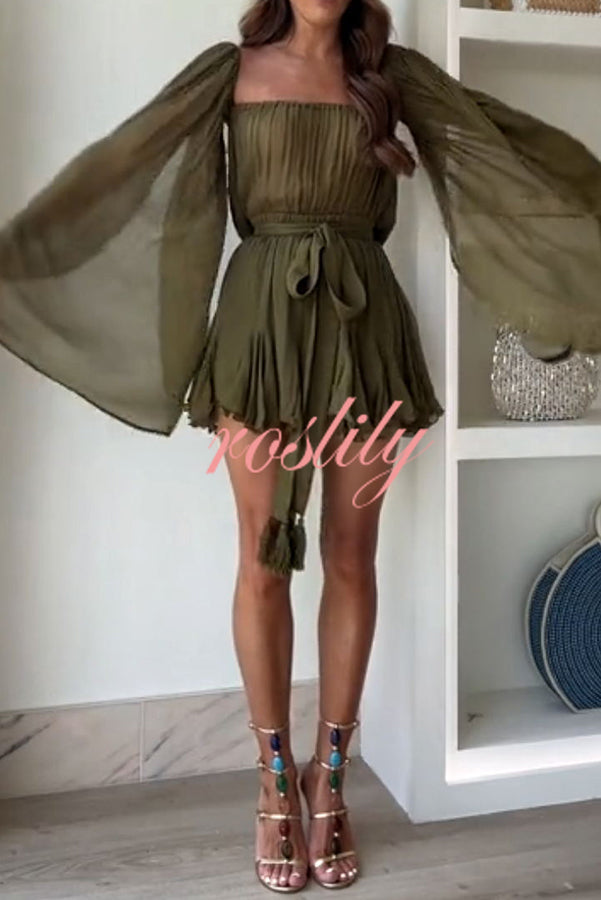 Vacay in Paradise Chiffon Slit Sleeve Elastic Waist Belt Flowing Mini Dress