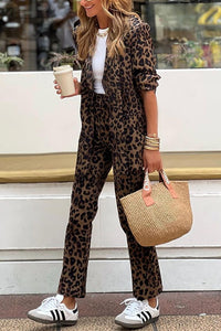 Wild Personality Leopard Pocket Relaxed Lapel Blazer and Elastic Waist Pants Set