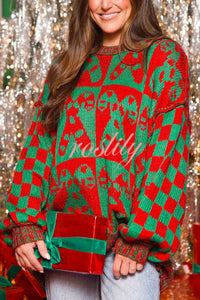 Christmas Candy Plaid Round Neck Long Sleeve Loose Knit Sweater