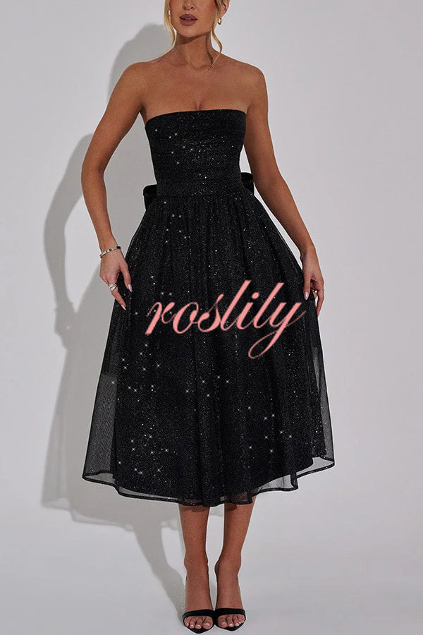 Marissa Glitter Mesh Fabric Off Shoulder Back Bow Detail Midi Dress