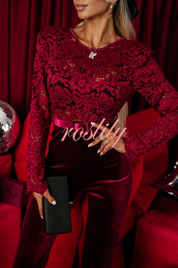 Sonya Lace Velvet Patchwork Long Sleeve Belted Flare Stretch Jumpsuit