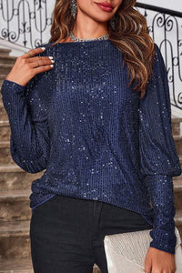 Solid Color Sequined Round Neck Long Sleeve Loose Top