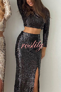 Solid Sequined Long-sleeved Crop Top and Sexy Slit Midi Skirt Set