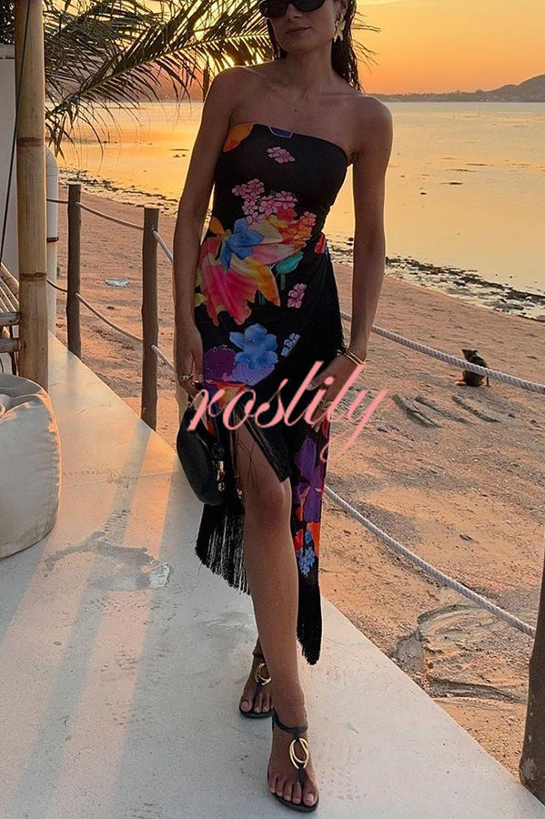 Island Girl Era Floral Print Tassel Trim Bandeau Stretch Midi Dress