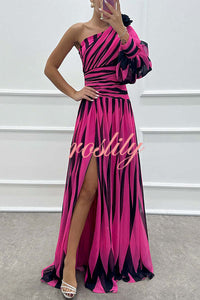 Purely Charming Printed Rose Pendant One Shoulder Pleated Slit Maxi Dress