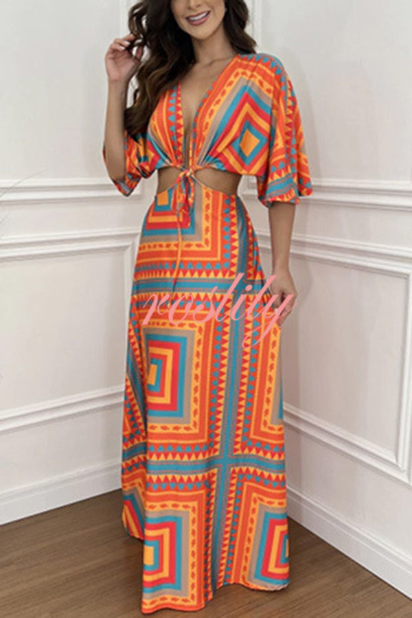 Wilma Unique Print Cutout Elastic Waist Tie-up Kimono Sleeve Maxi Dress