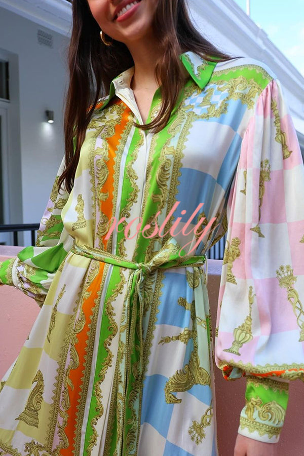 Garden Party Satin Unique Print Balloon Sleeve Belted Shirt Maxi Dress