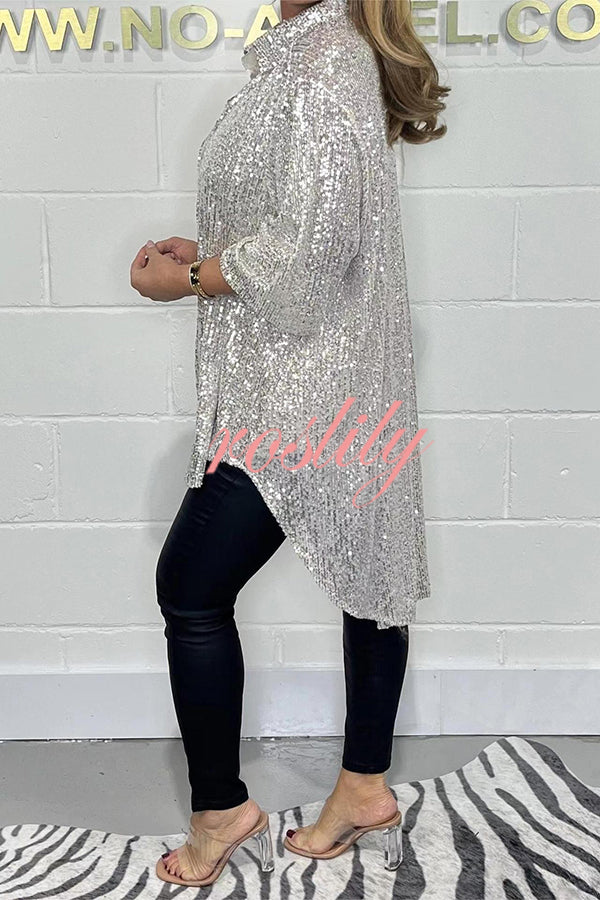 Party Season Solid Color Sequin Button Long Sleeve High Low Shirt