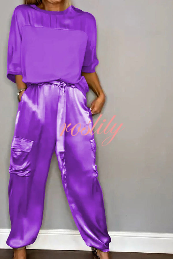 Calissa Smooth Satin Half-sleeved Top and Elastic Waist Pocket Pants Set